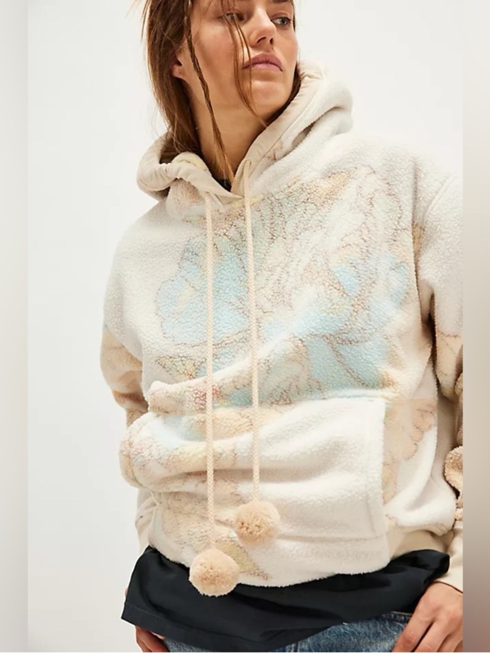 Free People Milk Combo Sherpa Hoodie - Cream, Light Blue